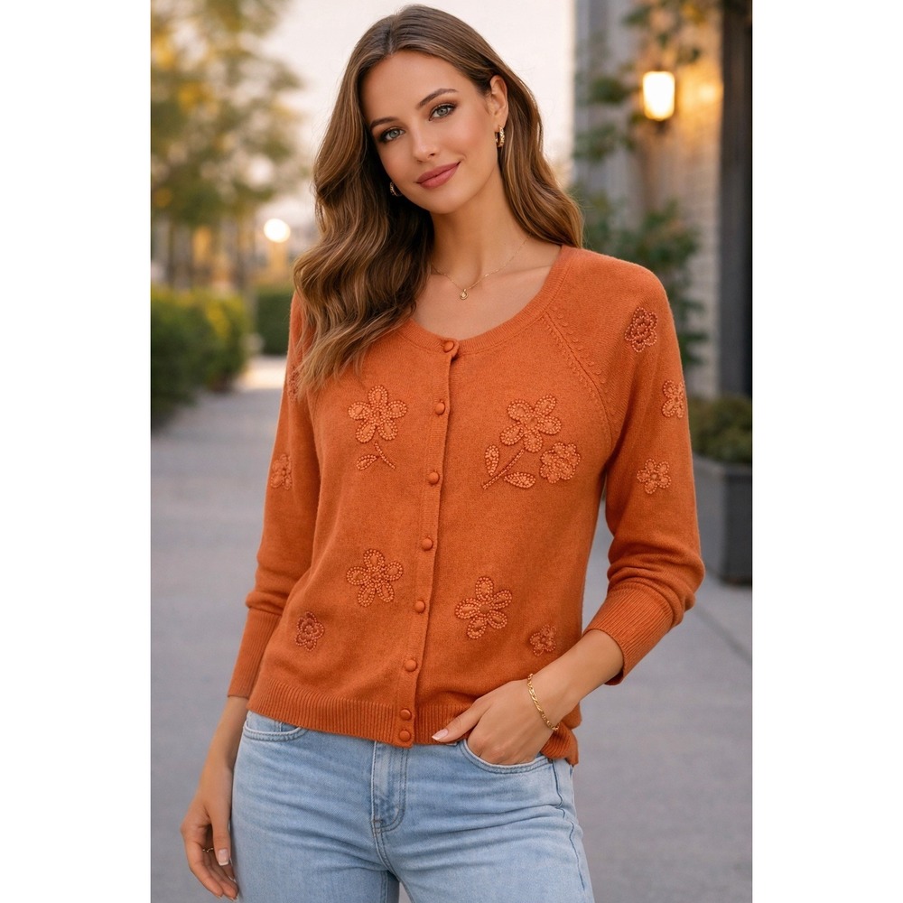 Vintage Josephine Chaus Orange Beaded Floral Cardigan Sweater S